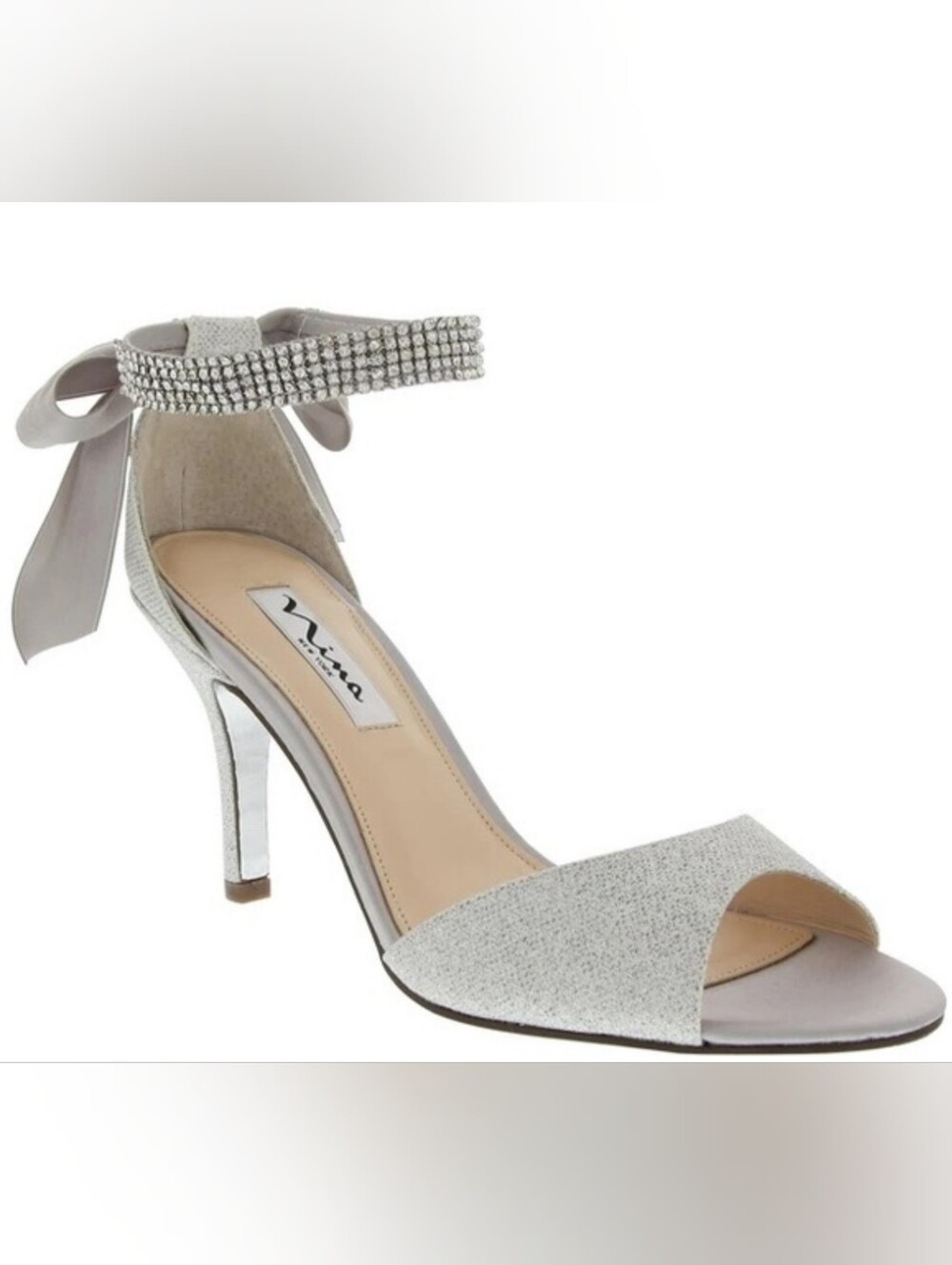 Nina Vinnie Silver Glitter Open-Toe Heels with Mauve Ribbon Tie